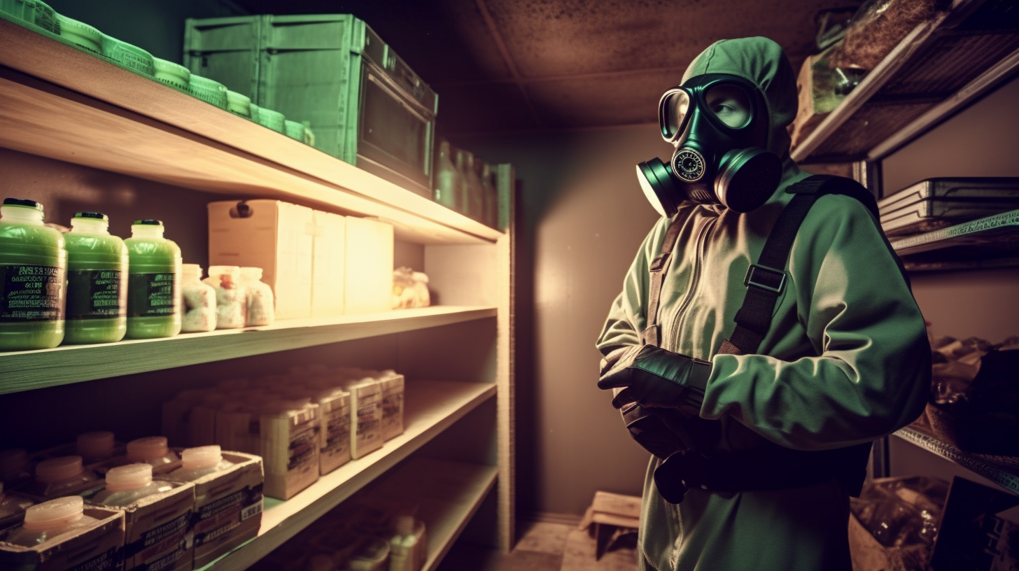 Prepper v protichemickém obleku v bunkru