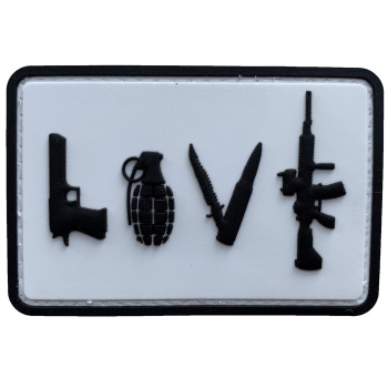 PVC nášivka LOVE - Pistol Grenade Knife Rifle, Bílá