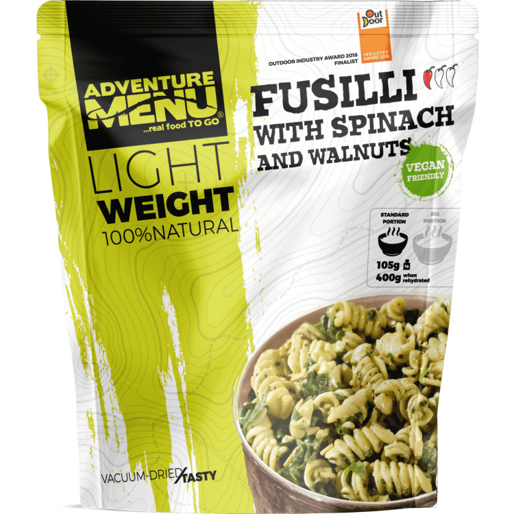 Vacuum Dried Fusilli with Spinach &amp; Walnuts (VEGAN) - Lightweight, Adventure Menu