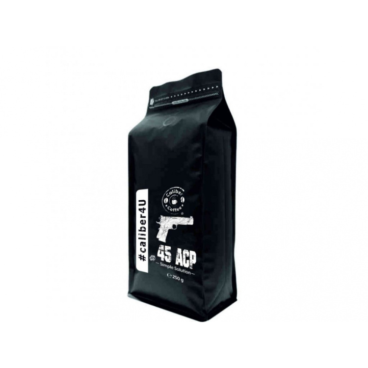 Dárkový balíček pražené zrnkové kávy Caliber Coffee® .45 ACP, 250 g, nerezový hrnek s karabinou