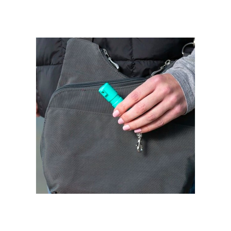 Obranný sprej s karabinou na klíče Mighty Discreet, Sabre Red, tyrkysová