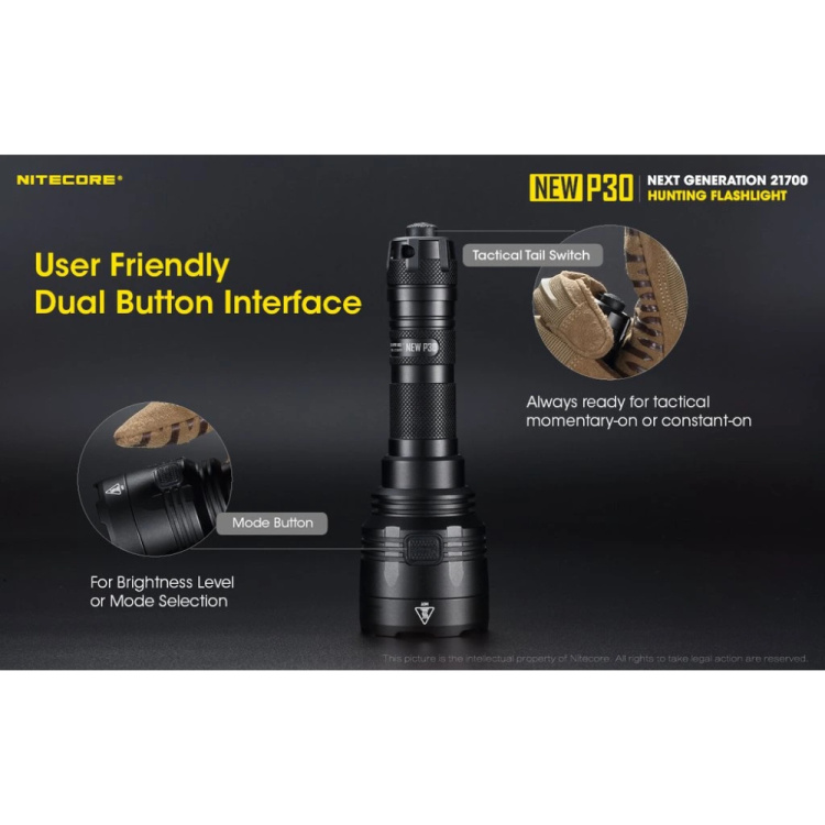 P30 NEW Tactical Flashlight, 1000 lm, 618 m, Nitecore